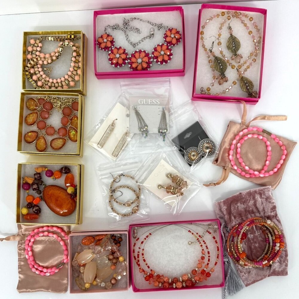 Jewelry Mixed Lot Wearable Earrings Necklace Bracelet Orange Pink Tone Boho - Picture 12 of 16